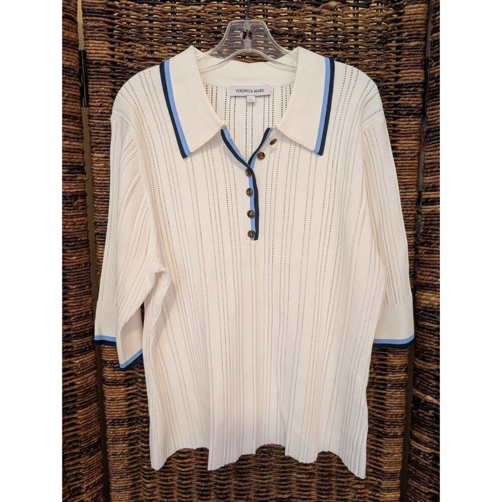 Veronica Beard Soza Pointelle Short Sleeve Knit Polo Sweater XL Tennis Preppy